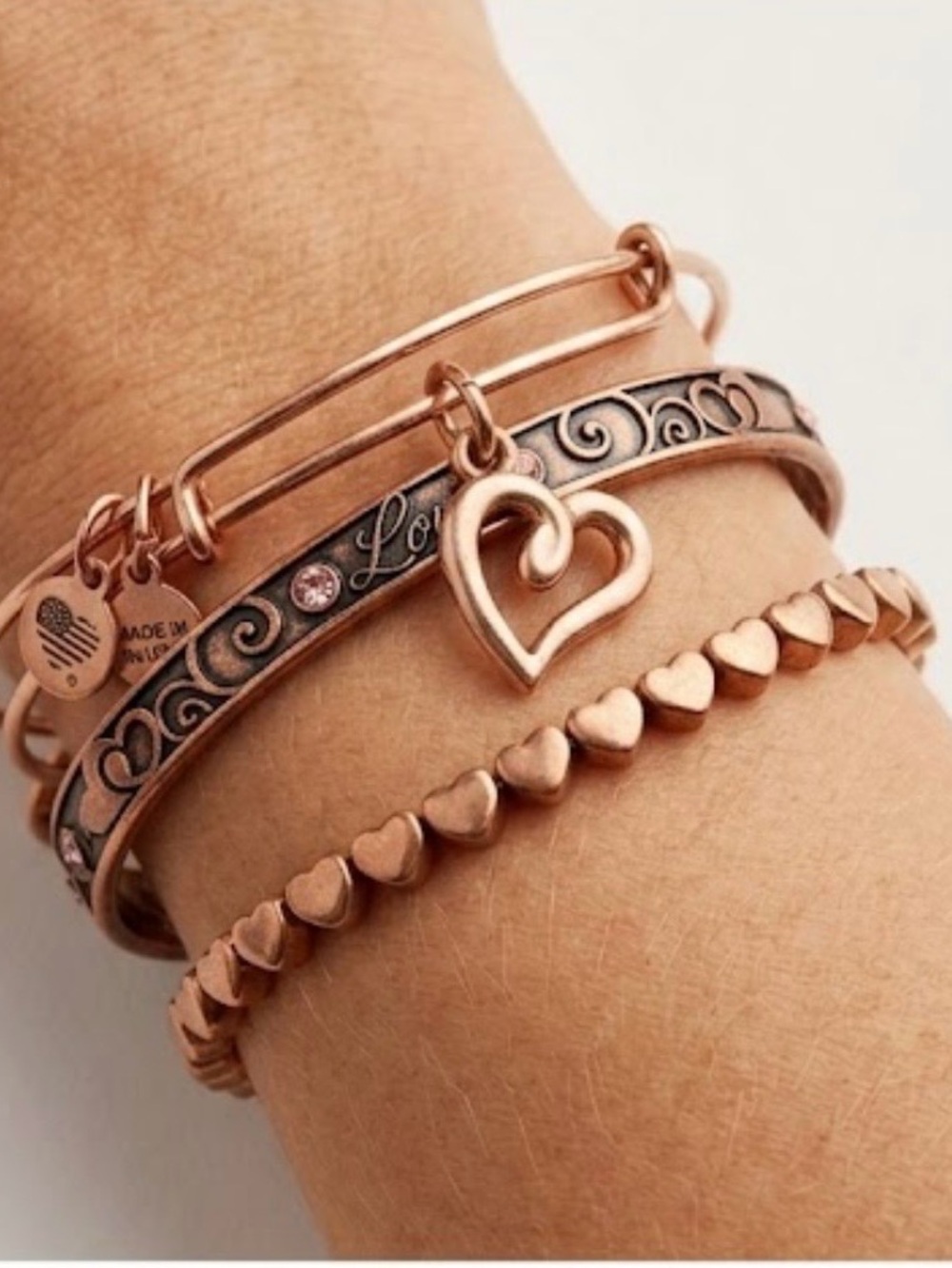 NWOT Alex and Ani Rose Gold “Love & Heart Charm” Bracelets set of 3